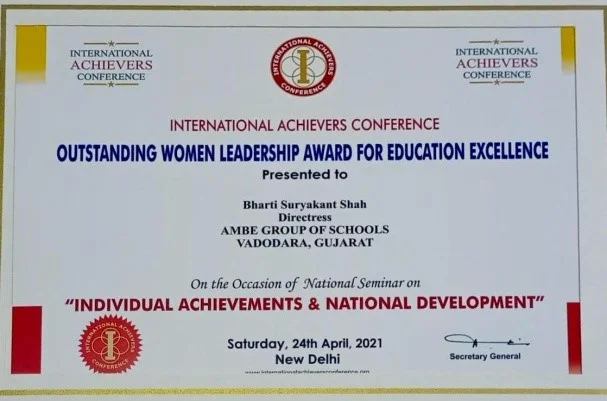 Ambe Group of Schools | Mrs. Bhartiben Shah | Outstanding Women Leadership Award For Educational Excellence